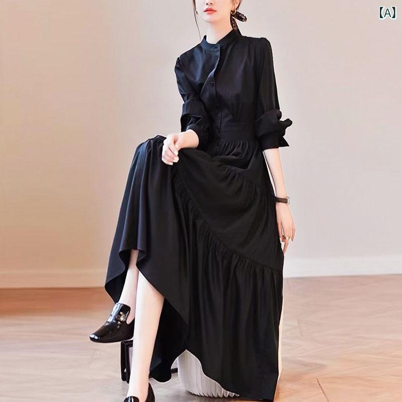 レディース ワンピース レディース 秋服 ハイエンド ウエスト 丈 スリミング ブラック レトロ スタンドカラー 長袖 シャツ ドレス