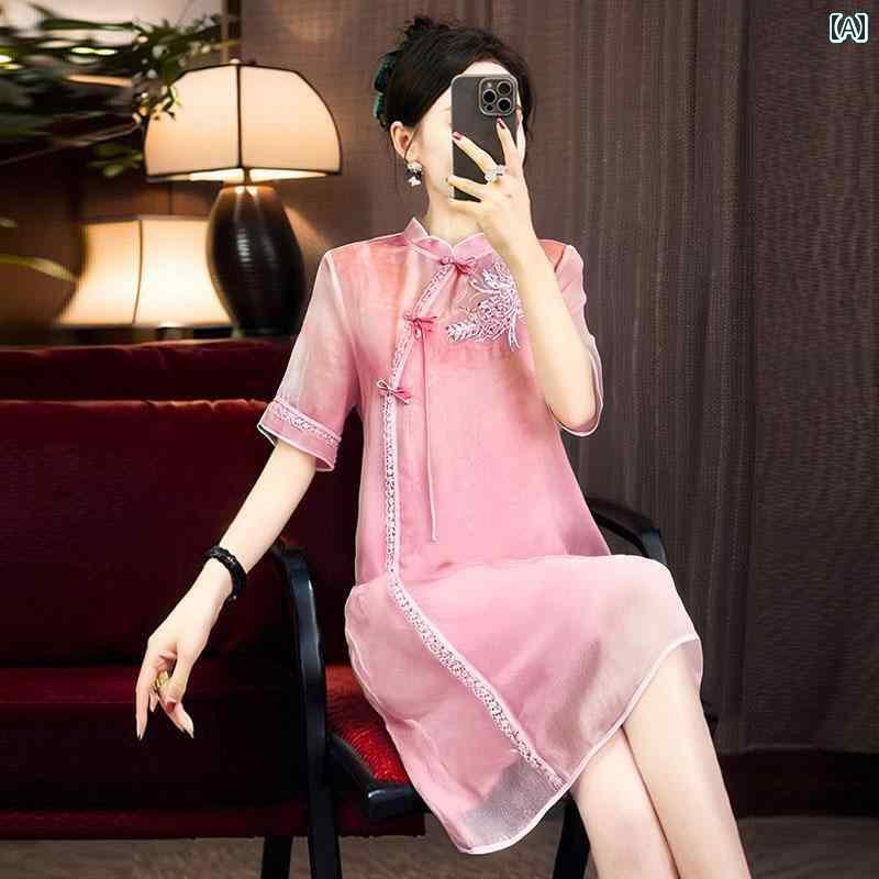 レディース ワンピース な の 美しい ユニークな ドレス レトロ ストレート スリム チャイナ風 チャイナ スカート