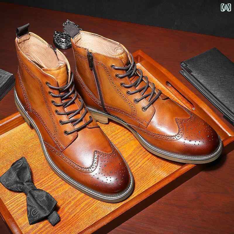 レディース トップス オシャレ 春 ブーツ メンズ ローカット 2024 革 ミッド トップ 春秋 ハイカット 革靴 英国 風 ブローグ メンズブーツ