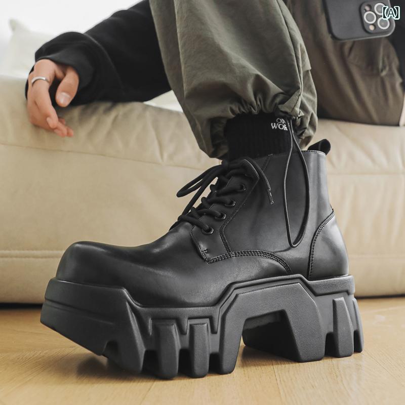 レディース トップス オシャレ 春 ブーツ メンズ 厚底 身長 アップ 10 cm パリ ブラック ブルドーザー ハイカット バイク ショート レトロ シューズ