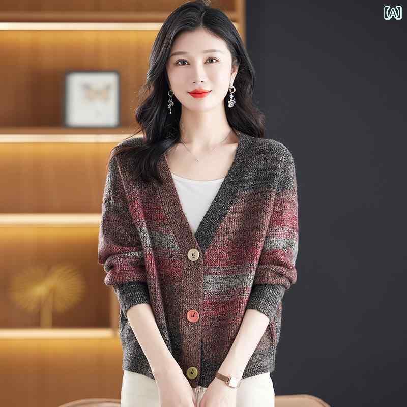 レディース トップス オシャレ 春 ユニークな セーター ショート コート 女性 秋冬 厚手 グラデーション マッチング スタイリッシュ 大きいサイズ 高級 中年 母親 アウター