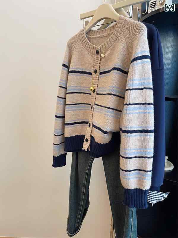 レディース トップス オシャレ 春 韓国 の 縞模様 編み物ジレー レディース 冬 ゆったり 軽くて ハイエンド スウェーター 上衣