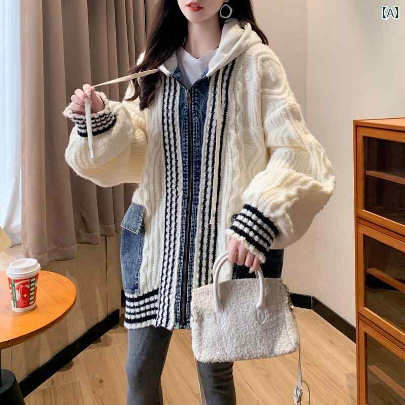 レディース トップス オシャレ 年月冬 ジーンズ 編み目 羊毛 編み物 如何様物 背広 ジレー上衣 レディース 韓国 レトロ ボンネット付き添い人 大判 スウェーター アウター 朦々たる