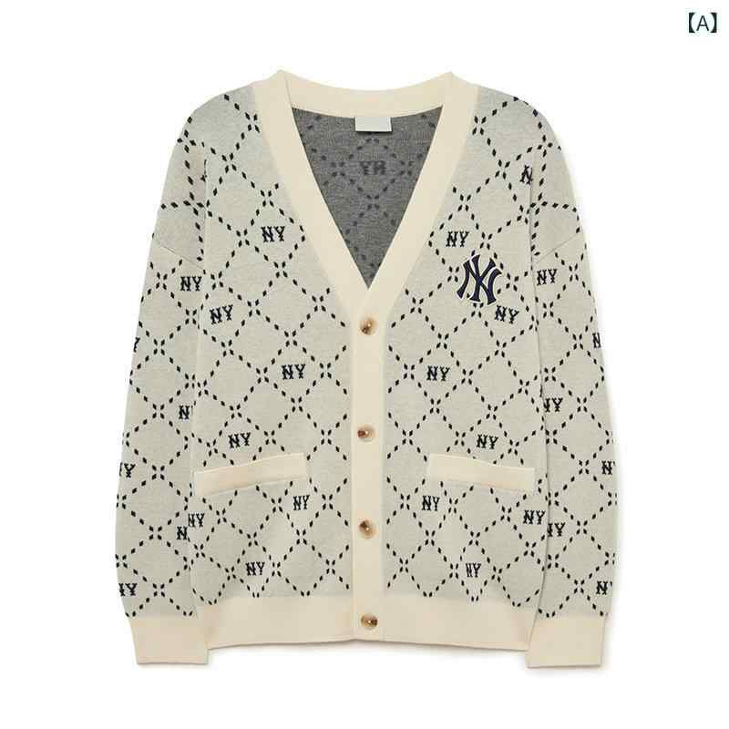 レディース トップス オシャレ 春 韓国 ファッションの クラシック NY カーディガン レディース カップル向け フル プリントの オールド フラワー カラーマッチング Vネック ニット セーター コート|ホープ