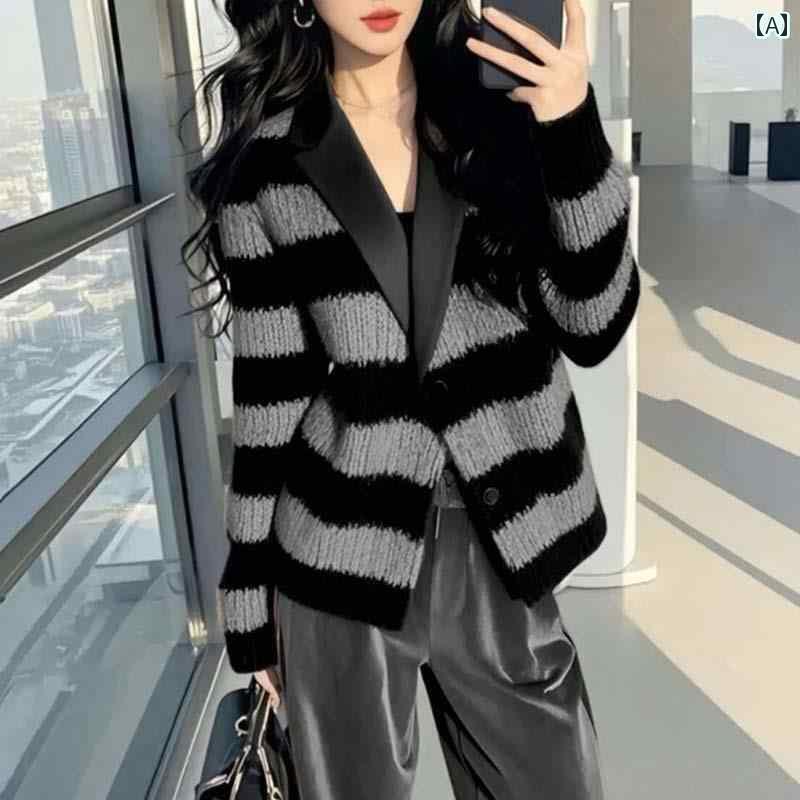 レディース トップス オシャレ 高級 グレー ストライプセーター コート 女性 秋冬 大きいサイズ おしゃれ ニットカーディガン 商品 トップ