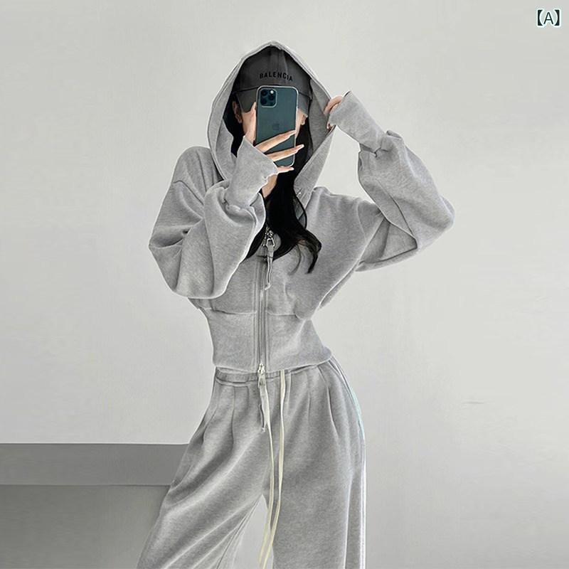 セットアップ レディース 韓国 春 ネット スリム ファッション レジャー スポーツ フード付き セーター ワイド レッグ パンツ スーツ レディース|ホープ