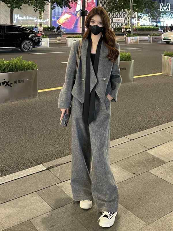 セットアップ レディース 汗水 プルオーバー 韓国 の 商いもの 御前上等 流行り物 背広 お上さん 秋冬 Vのど首 羊毛 厚地の外套 心地よい 引っ切り無い 広広とした レッグ ズボン下 背広