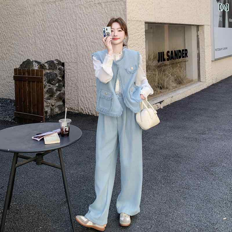 セットアップ レディース スウェット ジャージ 韓国 ブルー ファッション タッセル スタイル スーツ レディース 2025 春 ベスト シャツ パンツ スリーピーススーツ
