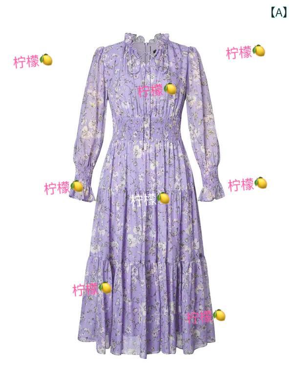 レディース ワンピース かわいい LA レディース シルクプリント ドレス 春 長袖 花柄