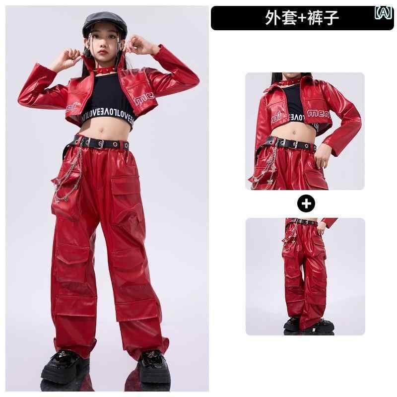 セットアップ キッズ おしゃれ 子供用 ジャズ ダンス 衣装 女の子 ストリート パフォーマンス 衣装。 ガールズグループ T ステージ ショー 赤い バイク ファッション スーツ