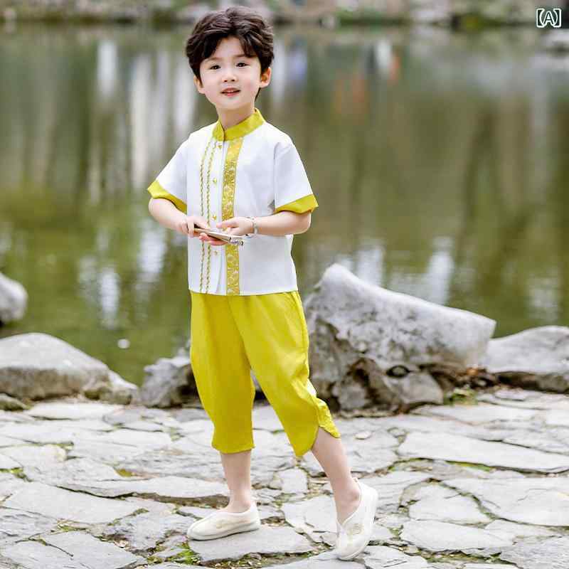 セットアップ キッズ コスプレ 子供用 ダイ 族 服 男の子 夏 水 かけ 祭り 少数 民族 パフォーマンス 衣装 雲南省 シーサンパンナ