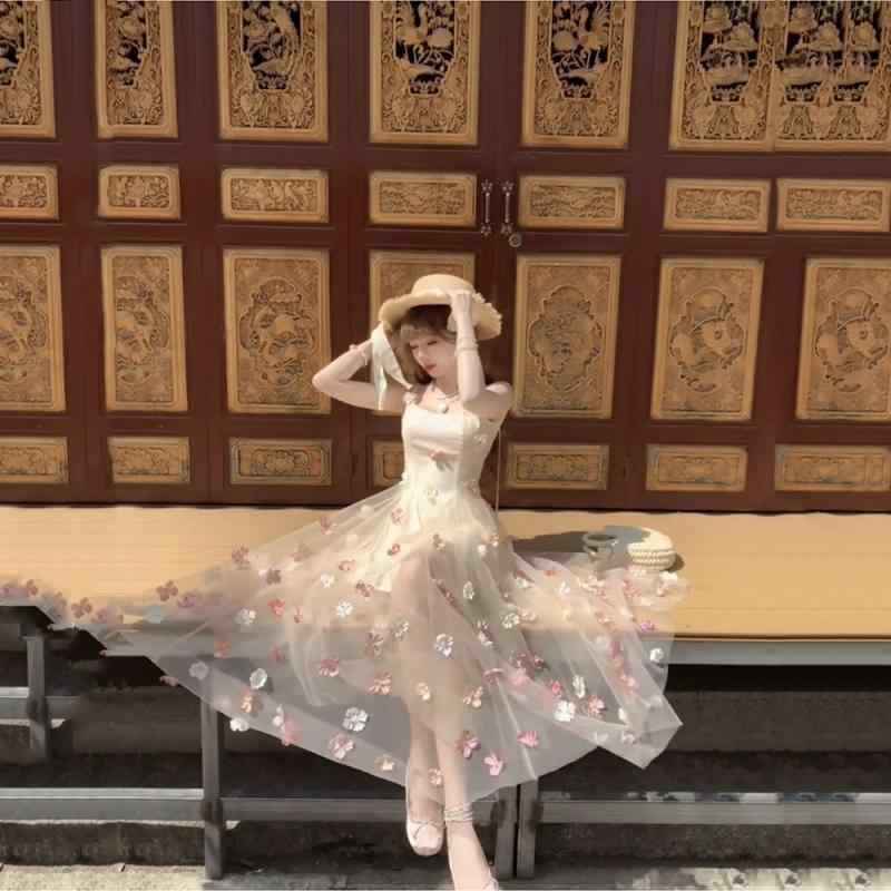 レディース ワンピース かわいい フランスの ロマンチックな 休日 立体的な 花の サスペンダー ドレス レディース 夏の な 美しい チュール ロング スカート 花柄 スカートの