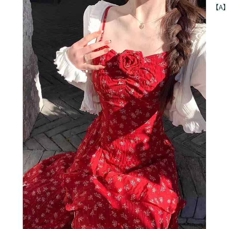 レディース ワンピース かわいい 夏の レディース フランスの 美しい 赤い 花柄 サスペンダー ドレス ハイエンドな ウエスト シフォン 不規則な ロング スカート