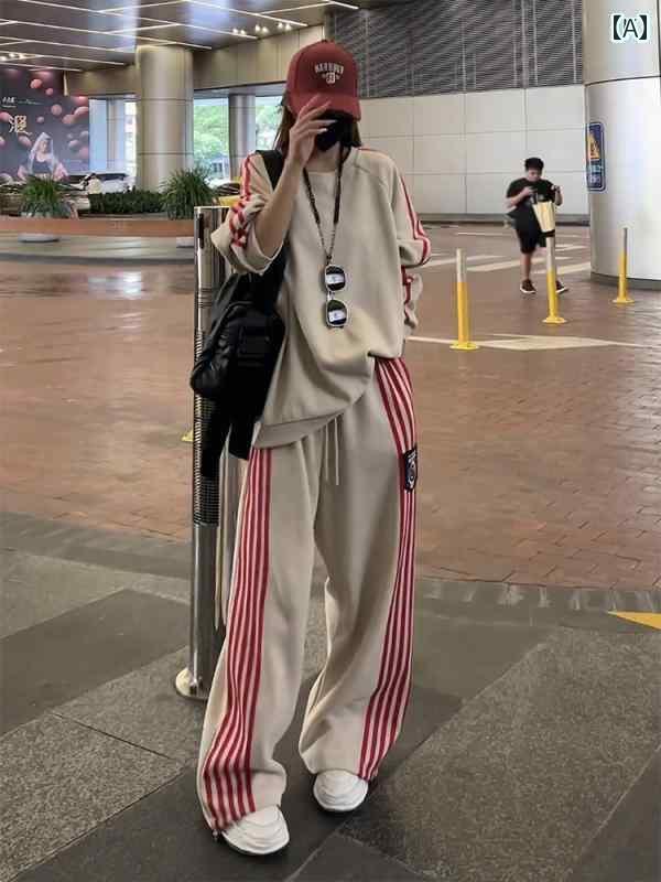 レディース ジャージ 楽ちん アメリカン 4 バー ファッション スポーツ スーツ 女性用 春の ランニング の ヒップ ホップ プルオーバー スウェットシャツ ワイド レッグ パンツ ツーピース|ホープ