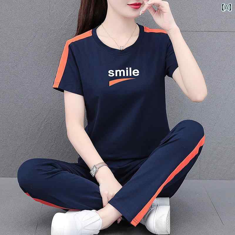 レディース おしゃれ 韓国 母の 夏の 薄手 スポーツ スーツ 中年 レディース 綿の 半袖 Tシャツで カジュアル ツーピース|ホープ