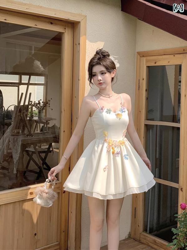 レディース トップス オシャレ 韓国 フランス 風の 美しい 花柄 サスペンダー ドレス レディース 夏 ハイエンドな 小柄な 人 プリンセスの ふくらんだ ショート スカート