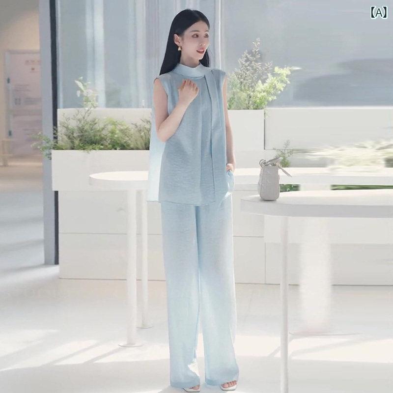 愛くるしい  春夏 夏服 の 好いたらしい 小母さんの 亭主もち服 御前上等 青碧 ノースリーブ トップス 広広とした レッグ ズボン下 背広 背広 完膚なきまでな 書き割り