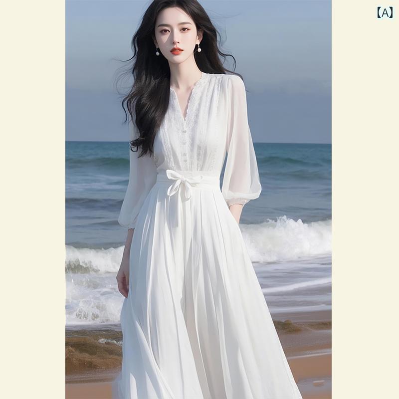 かわいい 春夏 初夏の 優しい 装い 高級で 精巧 軽い 高級 海辺の 休日 白い シルクシフォン ドレス