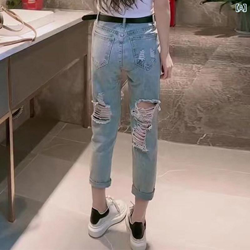 かわいい 春夏 身長 155 cmの 小柄な 方に ぴったりの スタイリッシュな Tシャツと 破れた デニムの クロップドパンツ カジュアル ツーピース スーツが 揃った 夏の 装い