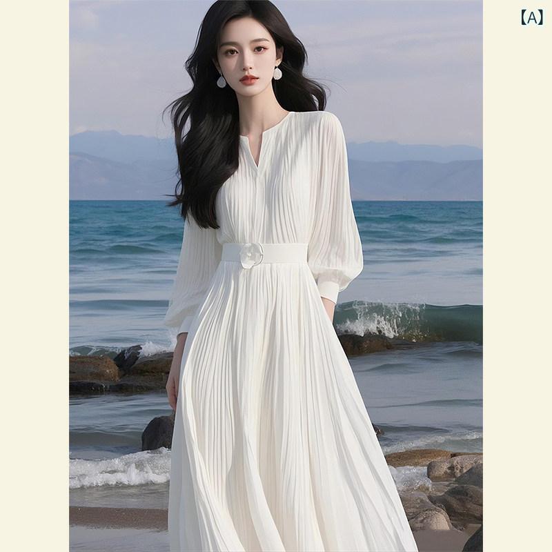 かわいい 春夏 春の ハイエンド 精巧 お姫様 風のの シルクシフォン ロング スカートの 海辺の 休日の 白い ドレス