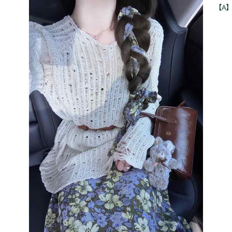 シャツ ワンピース カットソー 韓国 春の 服装： 花柄 サスペンダー ドレスと ニットカーディガンと スカートの コンプリートセット 女性用 ツーピース スーツ