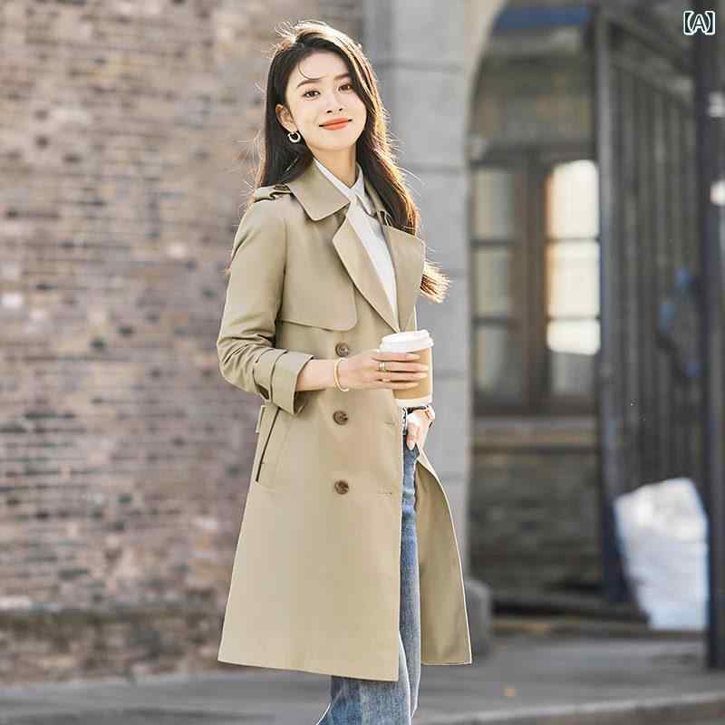レディース コート 春 オシャレ クラシック カーキ ストレート ショルダー トレンチコート レディース ミディアム 丈 S サイズ 春秋 ハイエンド かっこいい コート｜ホープ