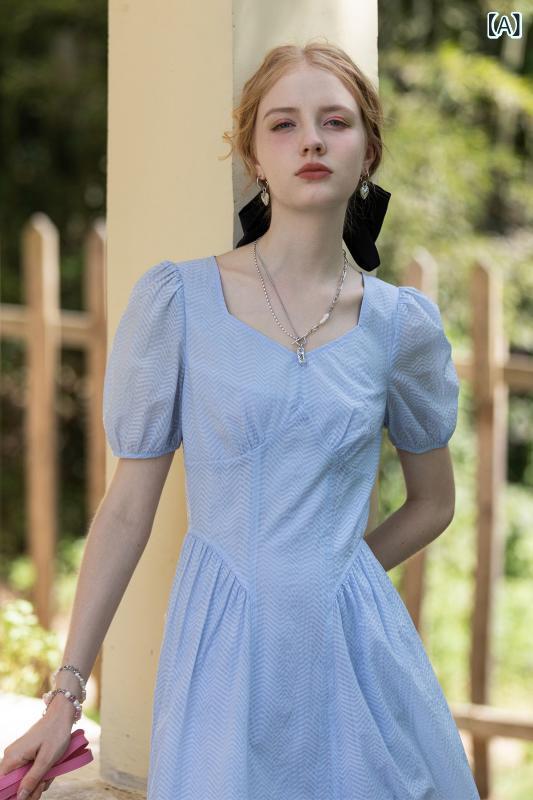 レディース トップス オシャレ 春夏 年 フレンチ レトロ 真四角のど首 酉の方角 か細い 並み並み ロング 青碧 心地好い 半袖 御召しもの 夏 レディース