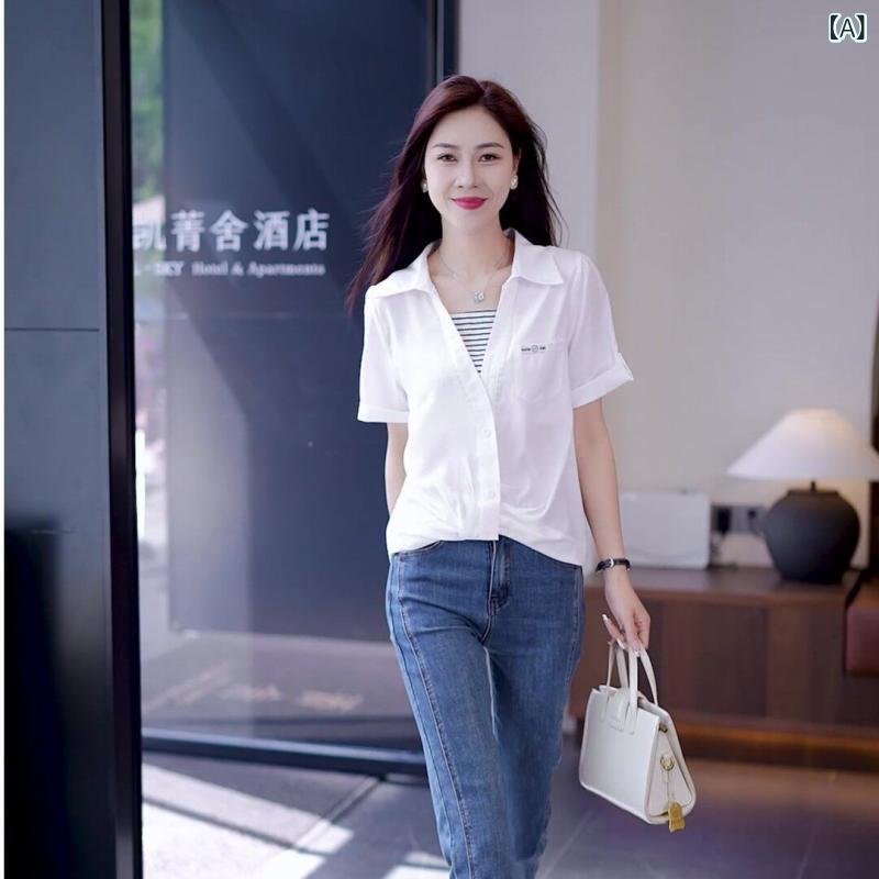 レディース トップス かわいい 半袖 フェイク ツーピース シャツ 女性用 2024夏 ファッション スリム お腹 カバー 人 風 トップス