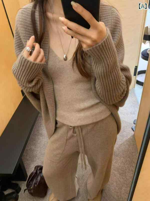 レディース パンツ オシャレ カシミヤ スーツ レディース ツーピース ワイド レッグ パンツ 秋冬 高級 ケープ セーター ニット ショール アウターウェア ウール｜ホープ