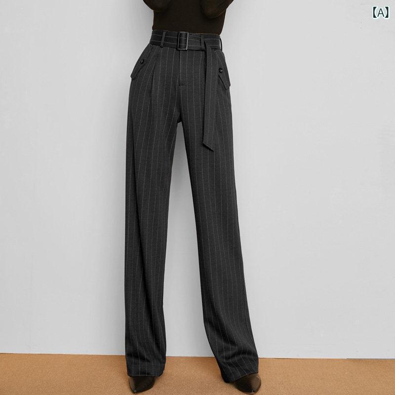レディース パンツ オシャレ スリム ストライプ ウール ワイド レッグ パンツ レディース ドレープ 春秋 ハイウエスト ロング カジュアル スーツ ストレート