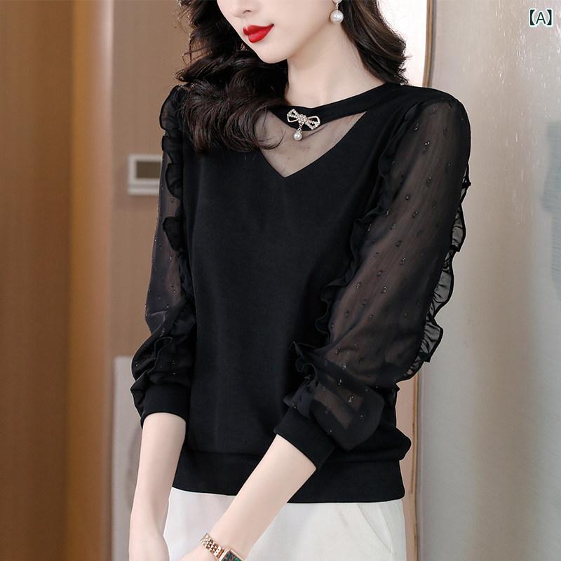 レディース トップス Tシャツ 杭 州 ビッグ シルク シャツ レディース 長袖 小さい 高級 西洋風 メッシュ ガーゼ ボトム 桑 シルク トップ 春