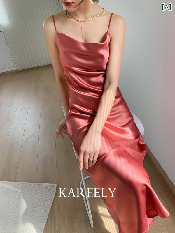 パーティードレス ロングワンピース ミモレ丈 レース シースルー KARFELY / 揺れる 衿と 3 連 アセテート サスペンダー スカートの サテンドレス セクシーで 優しい ピーチ ロング スカート スタイル