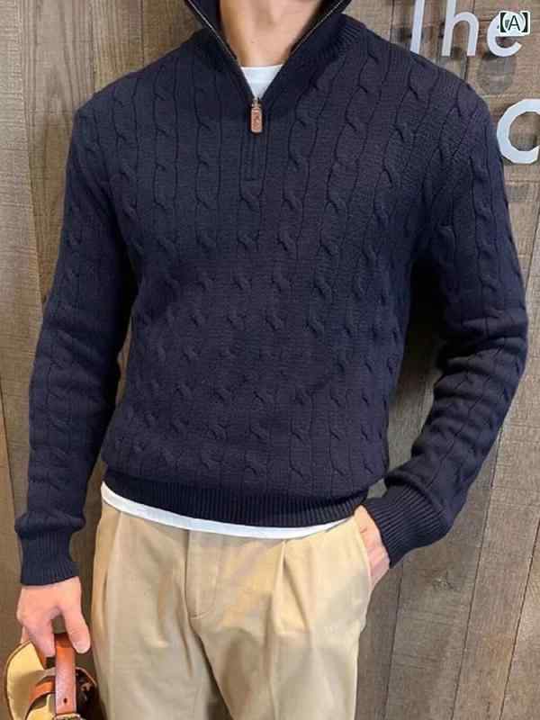 服 シンプル ダブル ストランド メンズ 厚手 100 % カシミヤニット セーター ハーフ ジッパー 無地 ツイスト スタンドカラー
