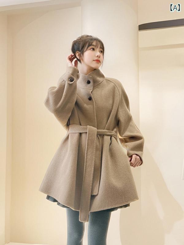 レディース コート かわいい 大 連 スタンドカラー タイ 万能 ウエスト スリム 両面 コート レディース ショート 2025 ウール