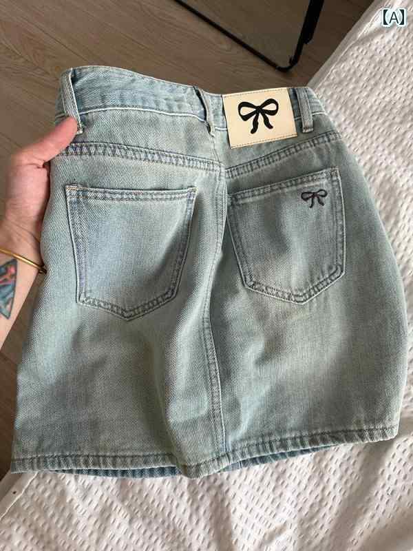 レディース スカート ショートパンツ アメリカン レトロ リボン 刺繍 デニムスカート 女性用 夏用 ホット ガール ヒップ ラップ ミニ スカート aライン スリミング