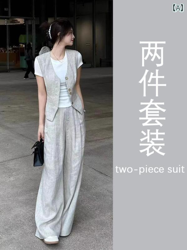 シャツ シャツワンピ カットソー 韓国 有能な の 婦人服の 年齢を 減らす ファッションの ハイエンド エレガントの リネンの ベストの ワイド レッグ パンツの カジュアル スーツ 夏｜ホープ