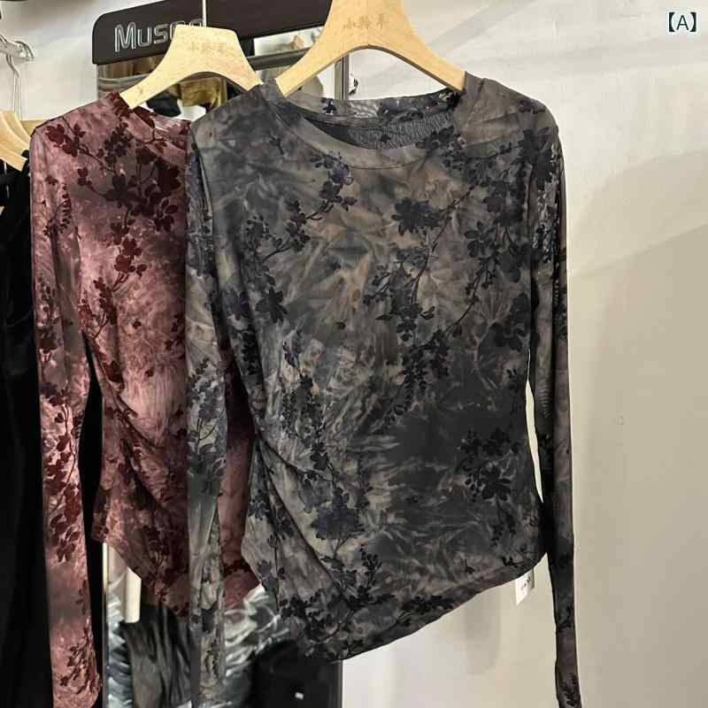 レディース トップス かわいい タイ ダイ カラーの 組み合わせが 美しく しわの ある スリムフィットの 植 毛 ジャカード 不規則な 長袖 メッシュ Tシャツ 小さい シャツ レイヤリング 秋 スタイル