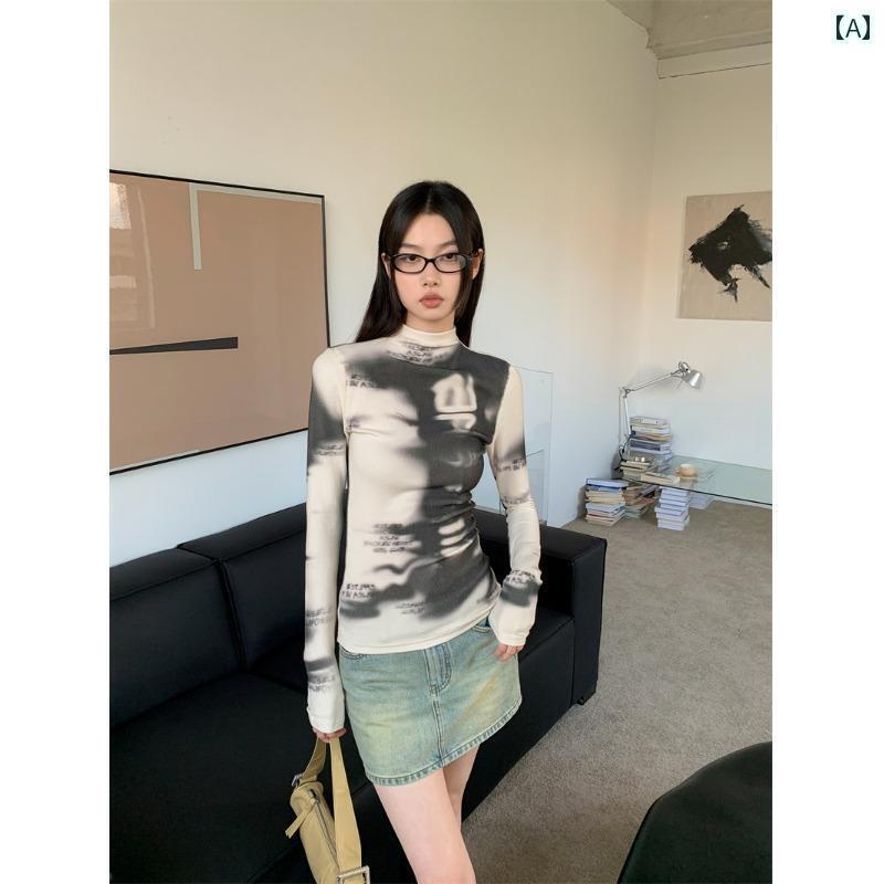 レディース トップス かわいい アメリカン レトロ フル プリント 長袖 Tシャツ レディース 2025 春 タイ ダイ 柄 スウィート ホット ガール ハーフ ハイネック スリム トップ