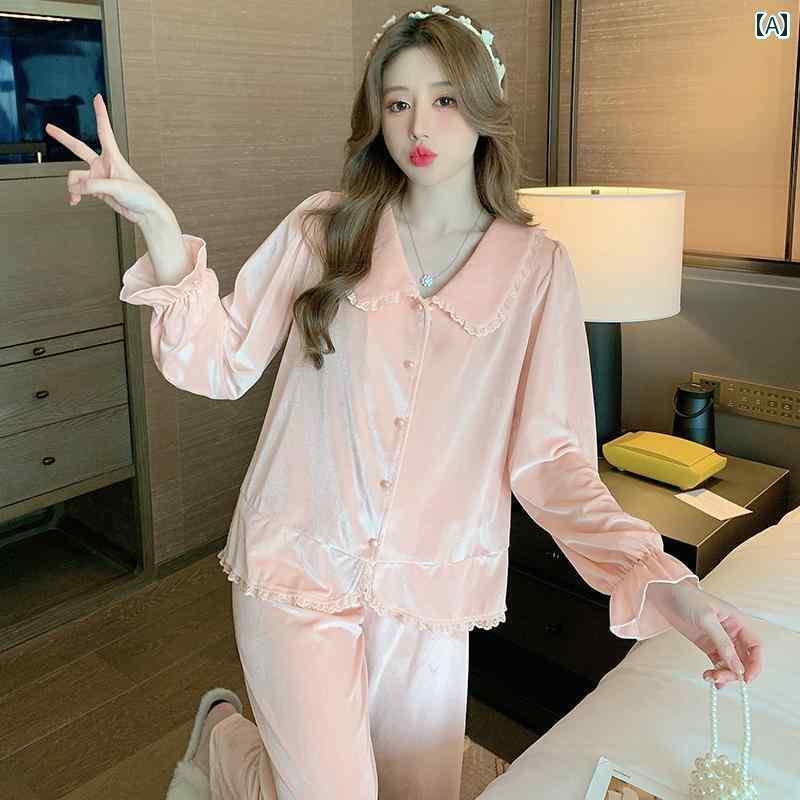 レディース ルームウェア かわいい 女性用 パジャマ 春秋 ゴールド ベルベット 長袖 カーディガン スーツ ピンク 屋外で 着用 可能 ホーム 服 冬