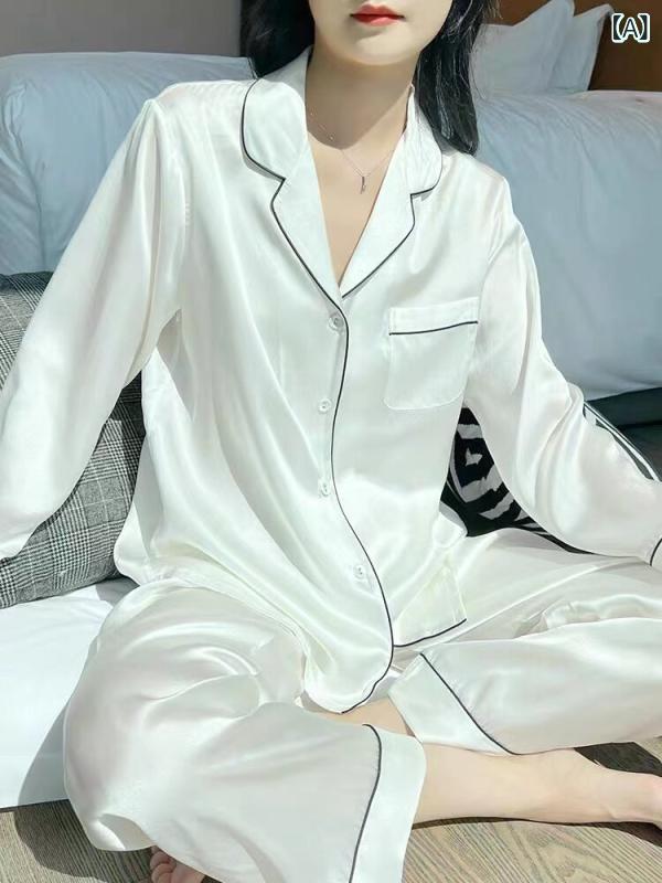 レディース ルームウェア かわいい 2025年 シルクパジャマ スーツ 女性 春秋 高級 100 % 桑 絹 長袖 ズボン ツーピース ホームウェア