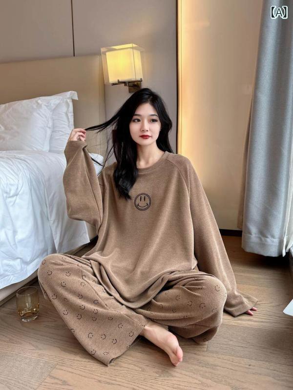 レディース ルームウェア かわいい 韓国 秋冬 魔法 亭 厚手 笑顔 長袖 ズボン 大きめ サイズ パジャマ 女性 太め MM ゆったり ホーム 服 ツーピース セット