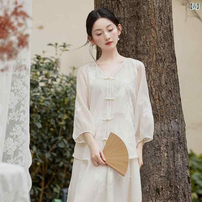 レディース トップス 愛くるしげ 瀬戸もの風 お上さん服 夏の 冷やりとした 感 ある 仏教 禅茶師服 刺しゅう入り口・入口 トップス スコート お召しもの