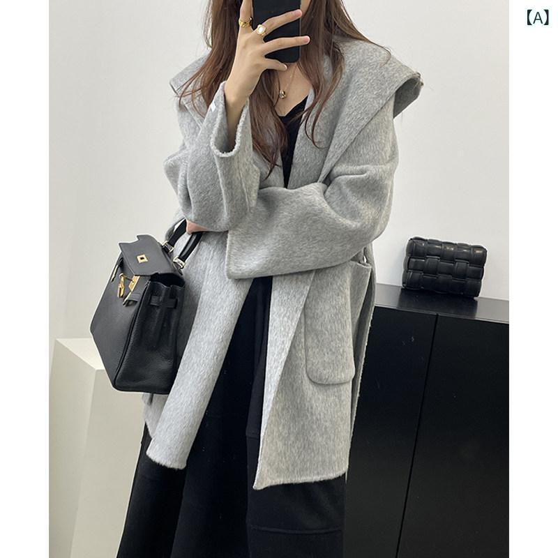 レディース コート シンプル グレーの フード付き ゆったり 小さめ 両面 コート レディース 2025秋冬 ショート ウール｜ホープ