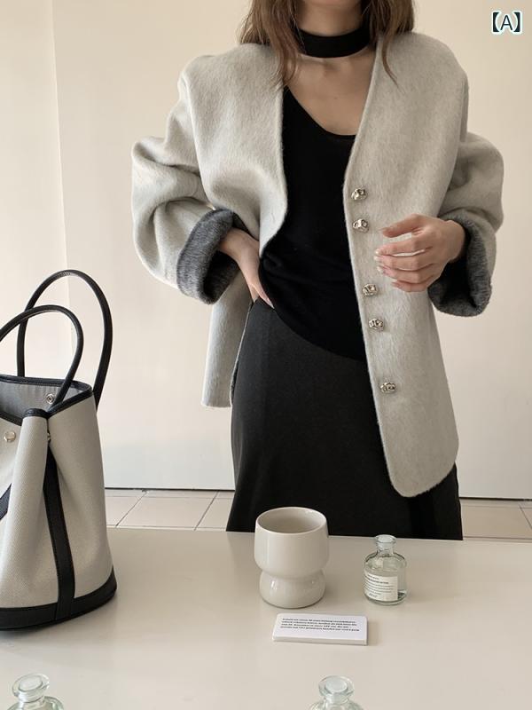 レディース コート シンプル 両面 グレーと ベージュの コントラスト 25 Vネック スリム コート レディース ショート スモール ウール｜ホープ