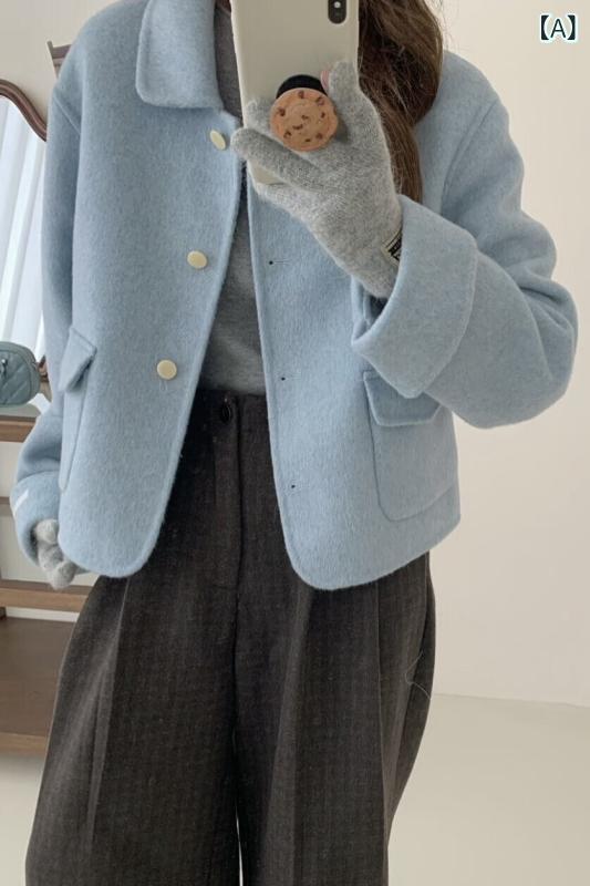 レディース かわいい 韓国 ダブルフェイス コート レディース ショート 丈 春 スクエアネック シングルブレスト 小さめ ウール