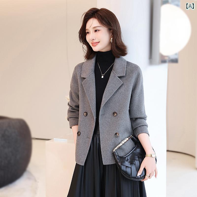 レディース かわいい 2024秋冬 高級 両面 カシミヤコート ショート 丈 レディーススーツ ダブルブレスト小 ウール コート
