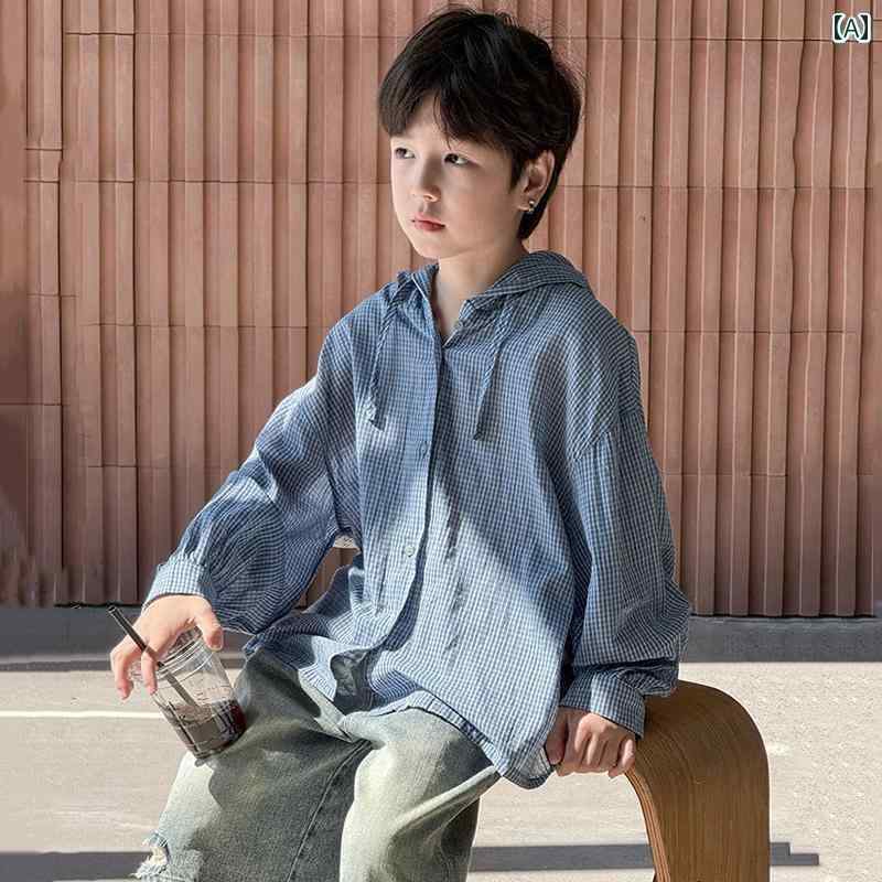 キッズ 子供 トップス かわいい 男の子 チェック 柄 シャツ 夏服 2025年 子供用 通気性 日焼け防止 韓国 夏用 薄手 フード付き ジャケット