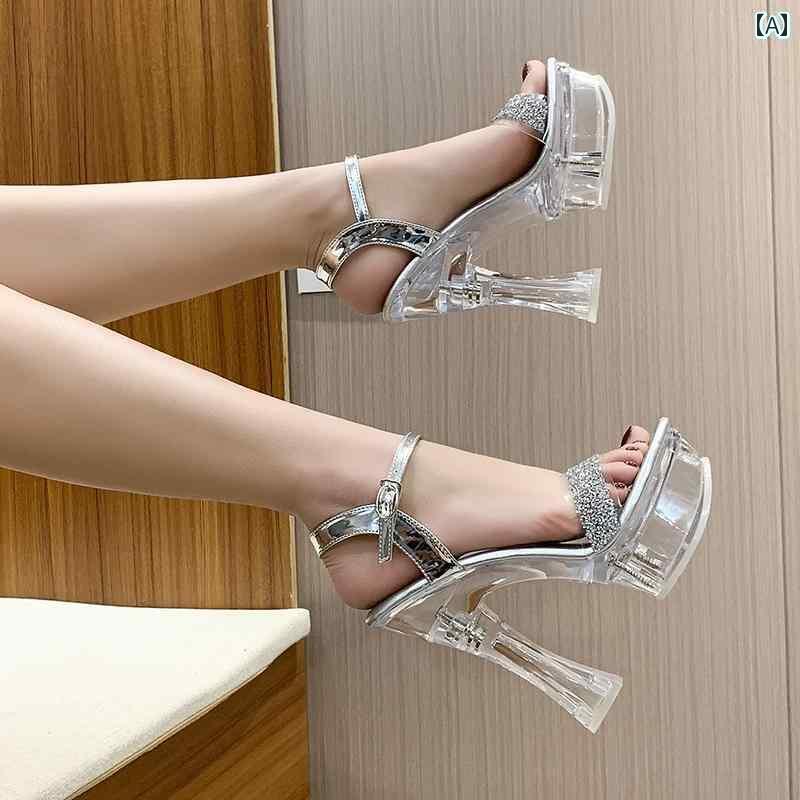 レディース ヒール おしゃれ キャットウォーク ハイヒール 太い ヒールサンダル 15 cm ナイトクラブ 魅惑的 嫌い スカイ 高 透明 クリスタル 鋼管 ステージ レディース 靴画像