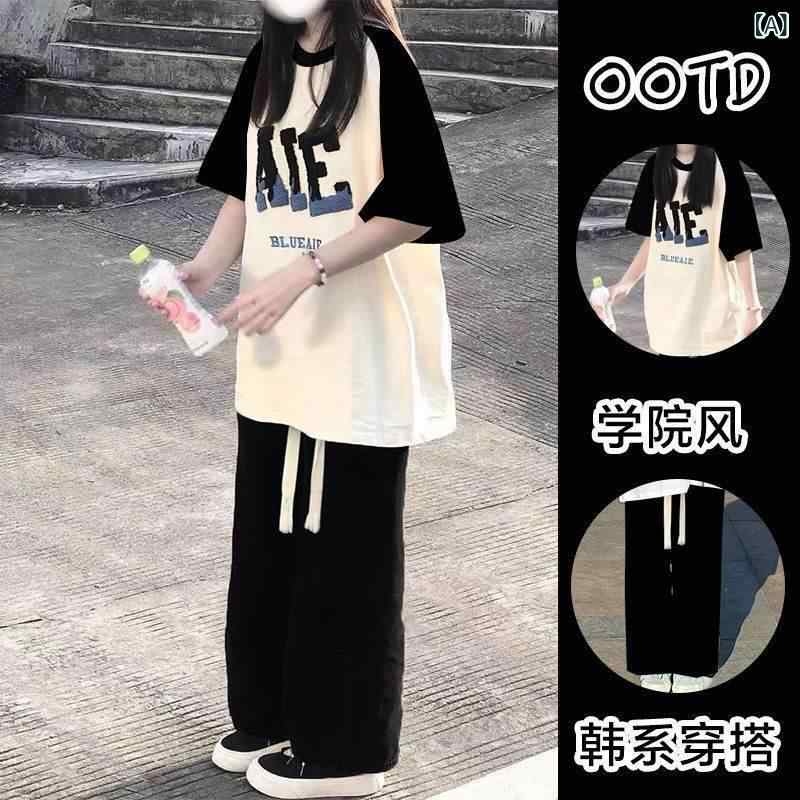 子供服 かわいい おしゃれ 女の子 ストリート ブラスト ラグラン 半袖 Tシャツ スーツ 2025 夏の スタイル ミディアムと ラージ キッズ 美しく スタイリッシュな トップス