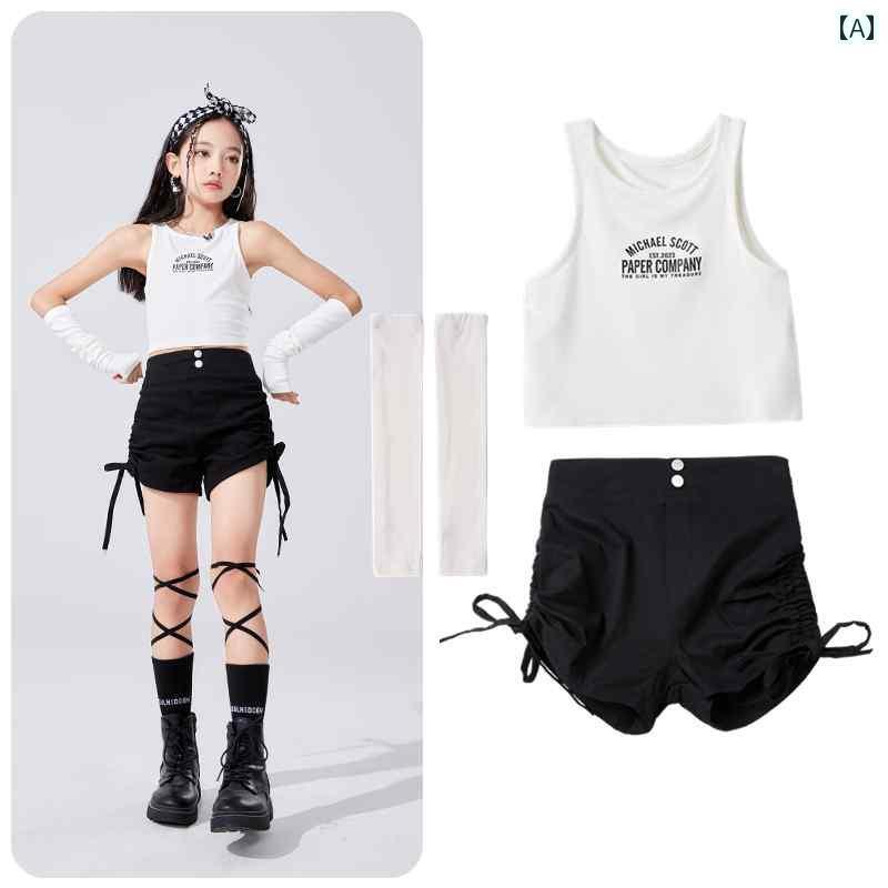 セットアップ キッズ おしゃれ 女の子用 ジャズ ダンス 衣装 ジャズの へそ 出し スーツ 子供用 ストリート ファッション 服 ヒップ ホップ キャットウォーク パフォーマンス